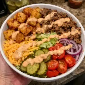 Burger Bowl Recipe: All your favorite burger flavors in a bowl! Crispy Cajun potatoes, seasoned beef, fresh veggies, melted cheese, and the BEST burger sauce