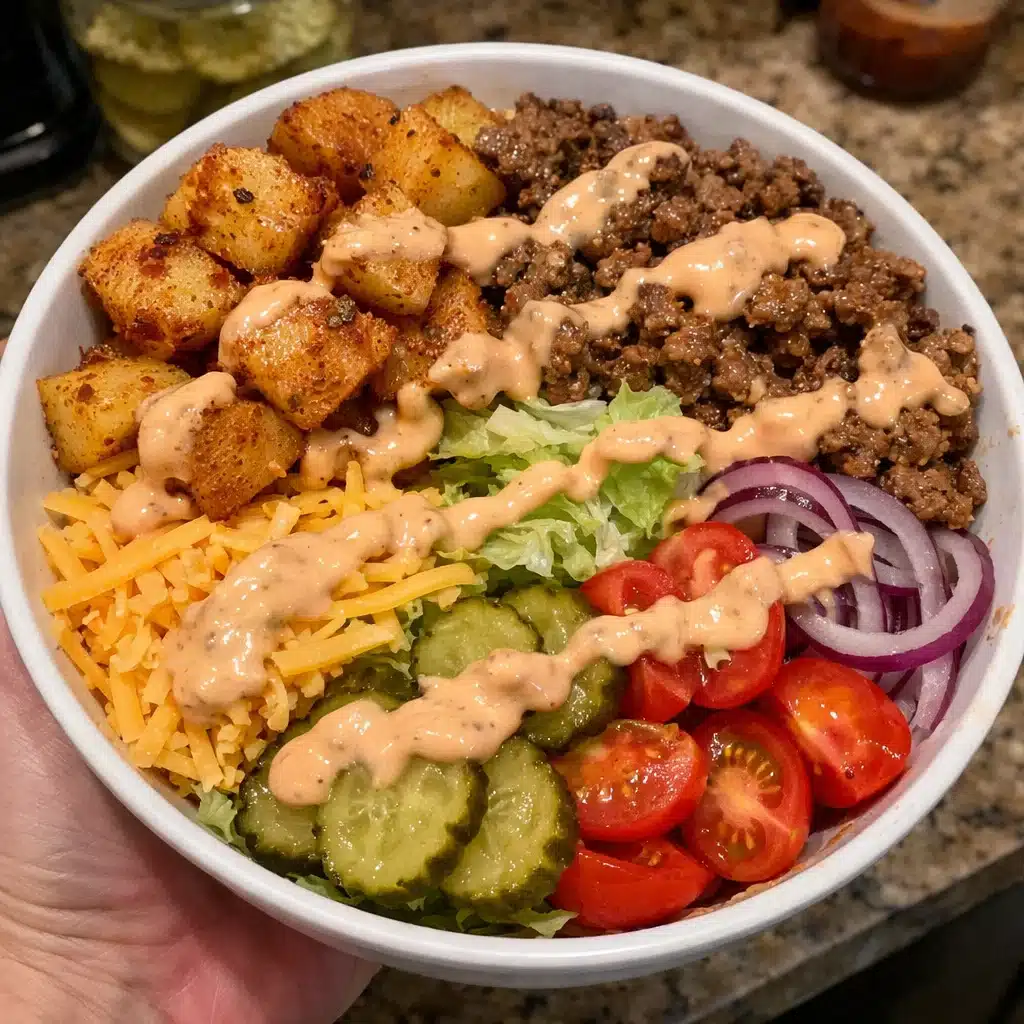 Burger Bowl Recipe: All your favorite burger flavors in a bowl! Crispy Cajun potatoes, seasoned beef, fresh veggies, melted cheese, and the BEST burger sauce