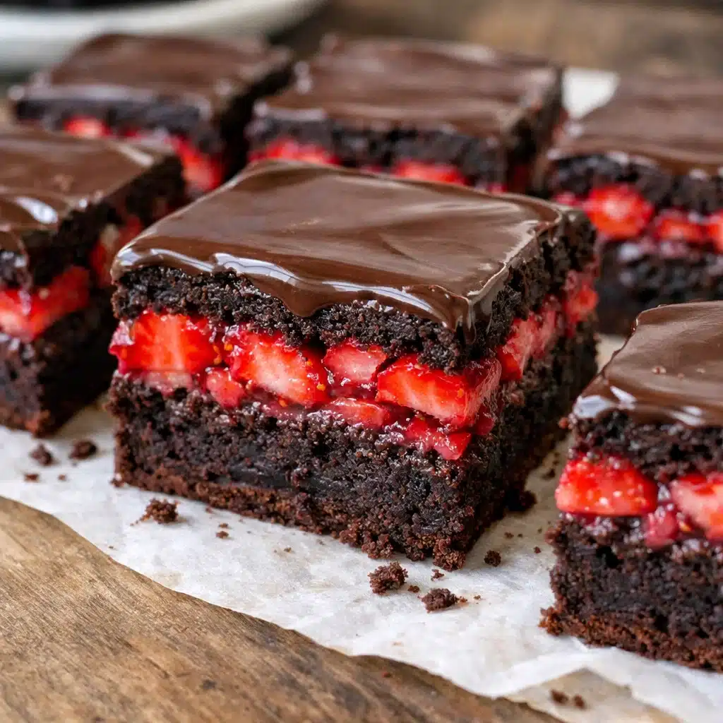 Chocolate covered strawberry brownies cut into squares, showing layers of fudgy chocolate brownie with fresh strawberries in the middle, topped with glossy chocolate ganache