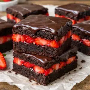 Chocolate covered strawberry brownies cut into squares, showing layers of fudgy chocolate brownie with fresh strawberries in the middle, topped with glossy chocolate ganache