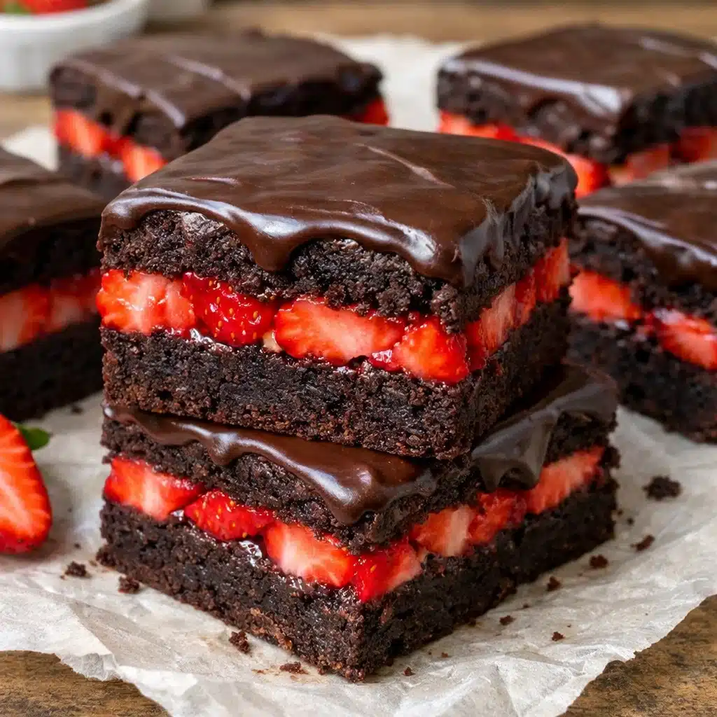 Chocolate covered strawberry brownies cut into squares, showing layers of fudgy chocolate brownie with fresh strawberries in the middle, topped with glossy chocolate ganache