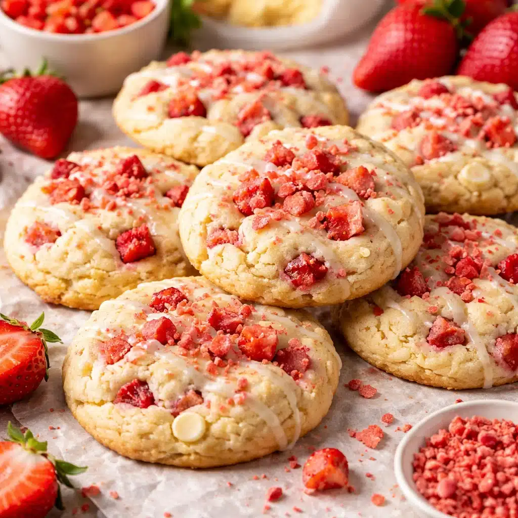 strawberry shortcake cookies with pink glaze drizzled on top, filled with fresh strawberry pieces