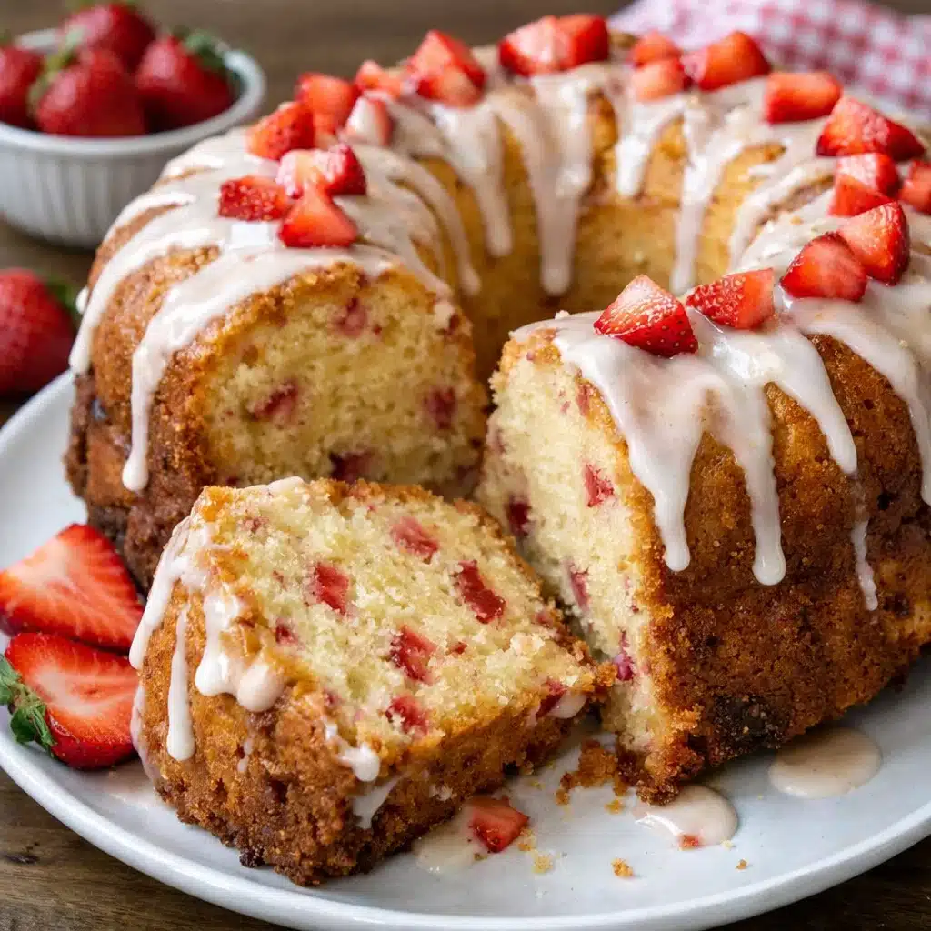 strawberry pound cake with pink glaze drizzle on a white plate, showing tender crumb studded with fresh strawberry pieces