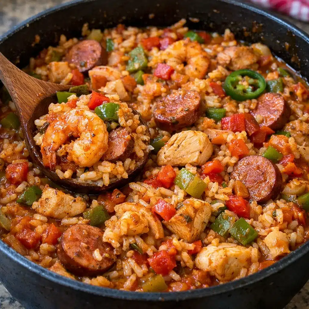 One Pot Cajun Jambalaya 4 Cajun jambalaya filled with tender chicken, sliced sausage, pink shrimp, rice, and vegetables in a rich, spiced tomato broth, garnished with fresh green onions