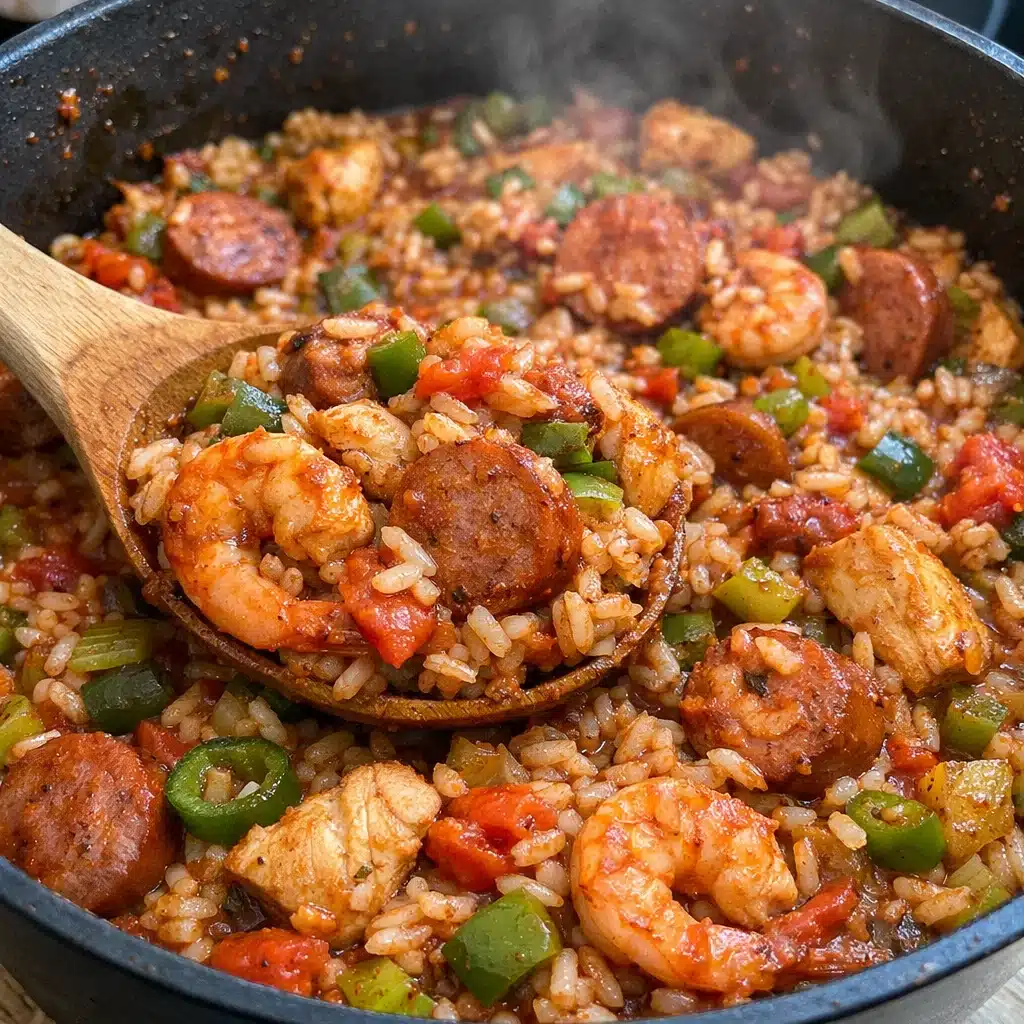 One Pot Cajun Jambalaya 6 Cajun jambalaya filled with tender chicken, sliced sausage, pink shrimp, rice, and vegetables in a rich, spiced tomato broth, garnished with fresh green onions