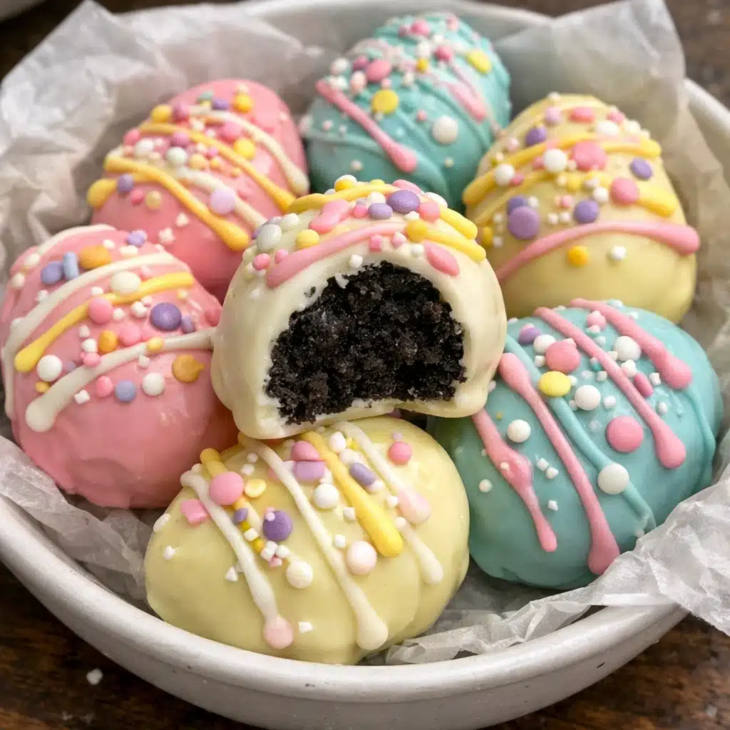 Easter Egg Oreo Cookie Balls 4 Easter Egg Oreo Cookie Balls are the perfect no-bake spring treat – creamy, chocolatey, and decorated in beautiful pastel colors