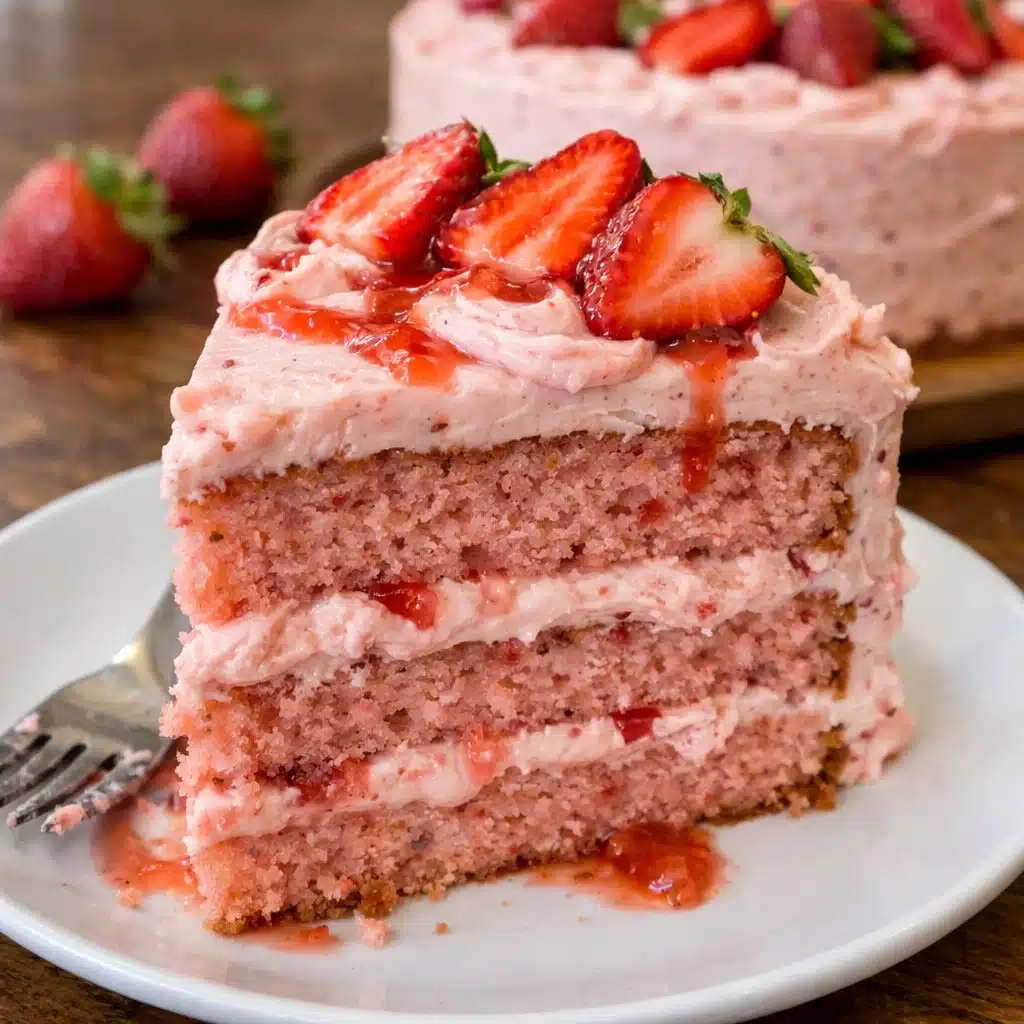 Strawberry Cake 6 strawberry cake with pink buttercream frosting decorated with fresh strawberry slices on top, displayed on a white cake stand