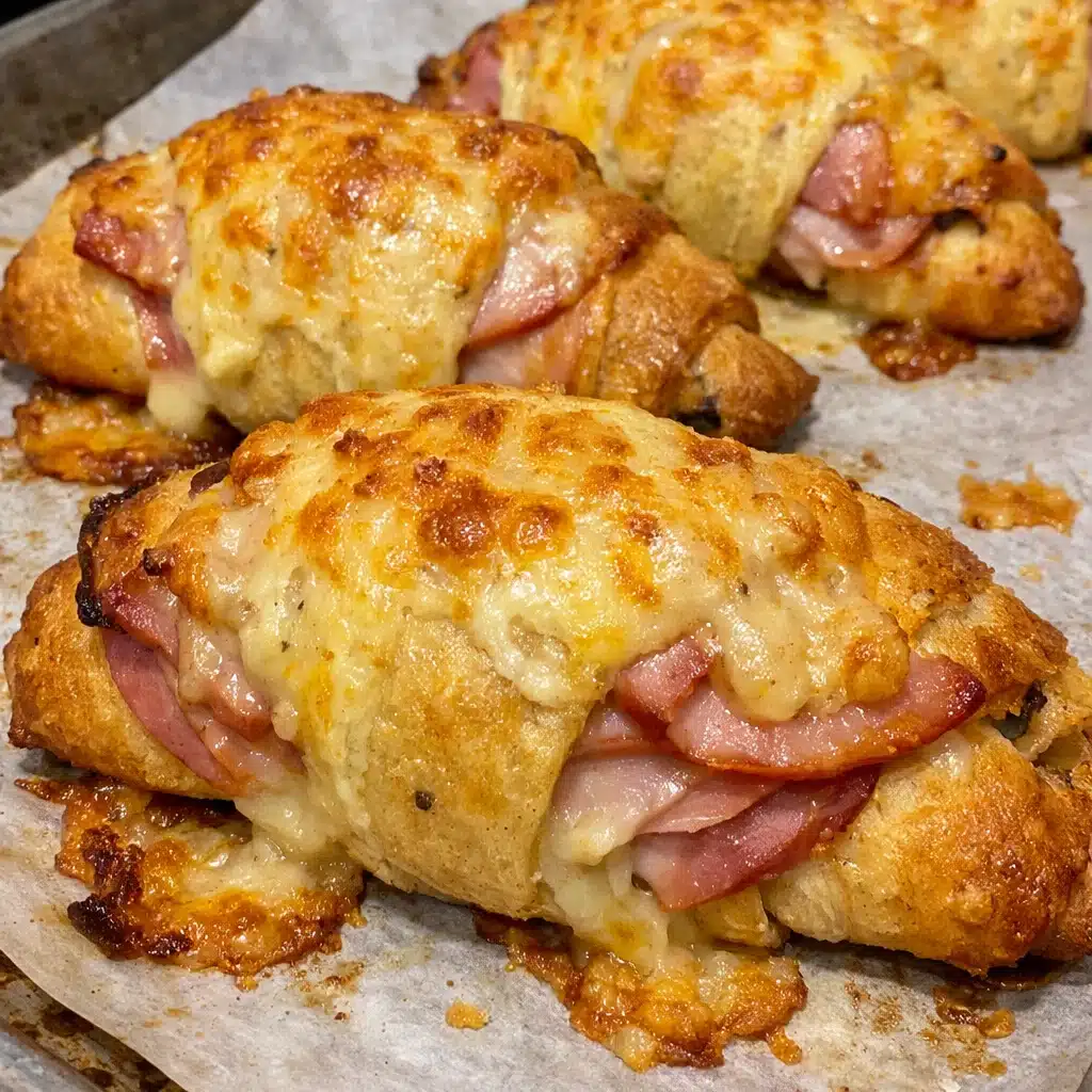 Golden baked ham and cheese croissants arranged on a white plate, showing flaky layers and melted cheese