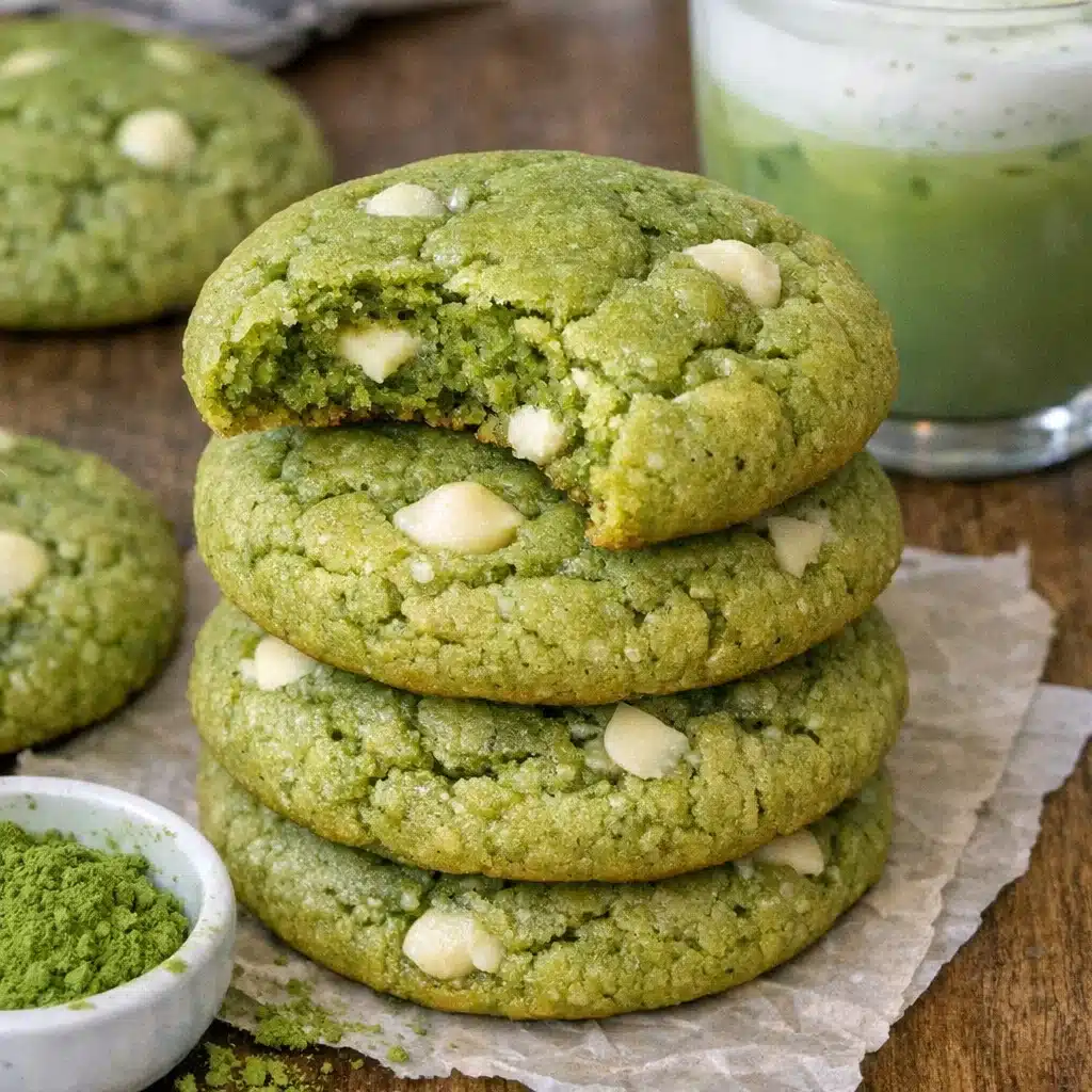 matcha latte cookies arranged on a white plate with a cup of green tea in the background
