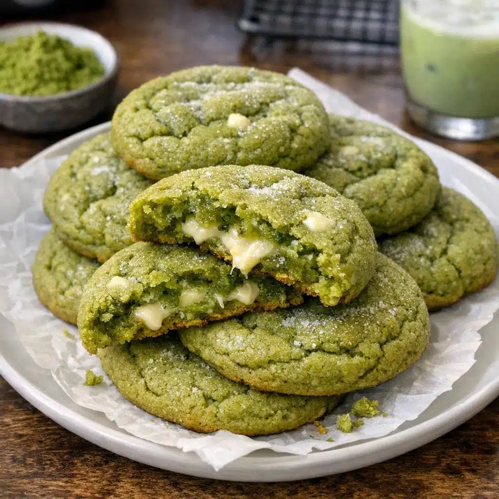 matcha latte cookies arranged on a white plate with a cup of green tea in the background