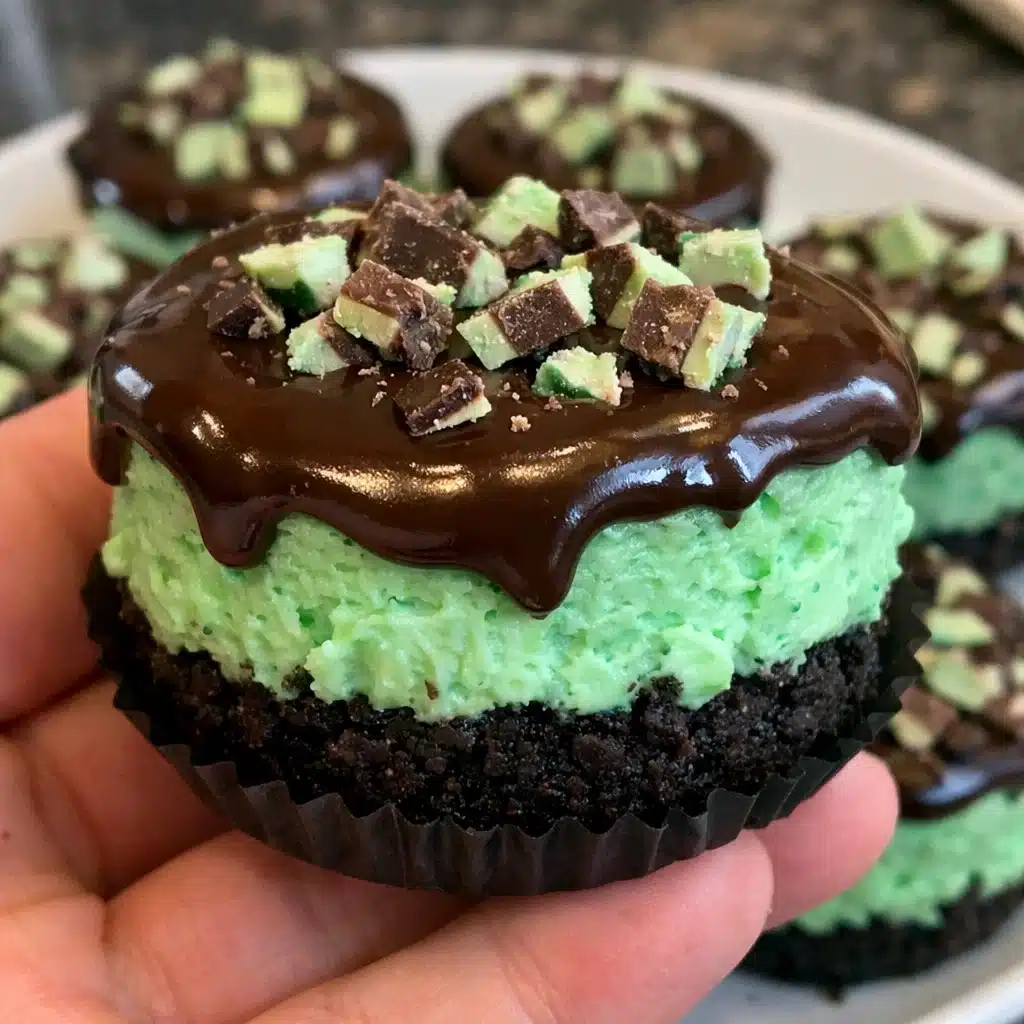 Andes Mint Mini Cheesecakes are the perfect bite-sized treat! Rich chocolate crust, creamy mint cheesecake filling, and glossy chocolate ganache topping