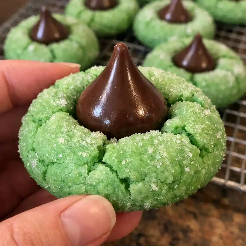 Soft green mint chocolate kiss blossom cookies topped with chocolate kisses arranged on a white plate