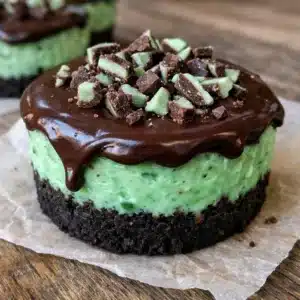 Andes Mint Mini Cheesecakes are the perfect bite-sized treat! Rich chocolate crust, creamy mint cheesecake filling, and glossy chocolate ganache topping