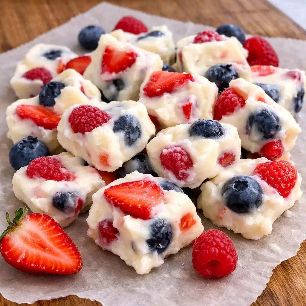 frozen yogurt bites with fresh berries arranged on a white plate, showing creamy texture with visible fruit pieces