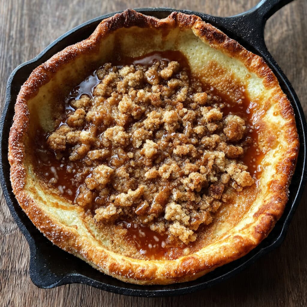 A golden, puffy cinnamon sugar Dutch baby fresh from the oven in a cast iron skillet, topped with buttery crumble and drizzled with white glaze, served with fresh berries