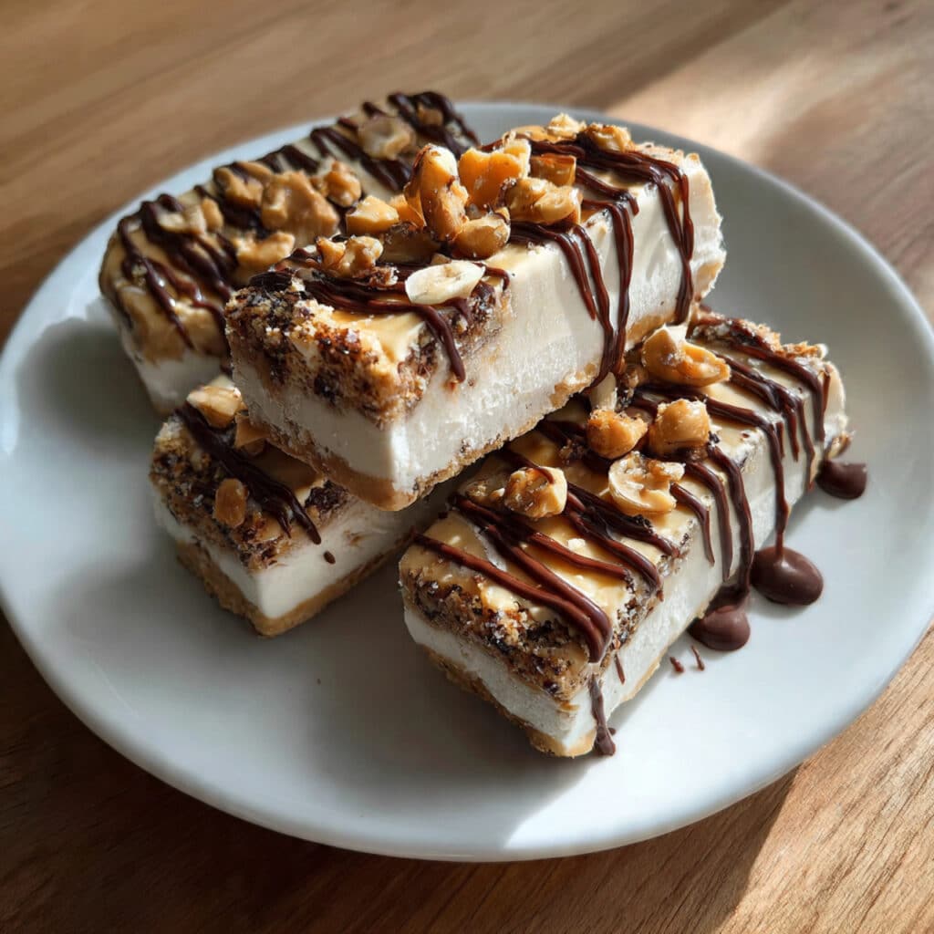 Creamy peanut butter frozen yogurt bars with chocolate peanut butter cup pieces, sliced and ready to serve on parchment paper