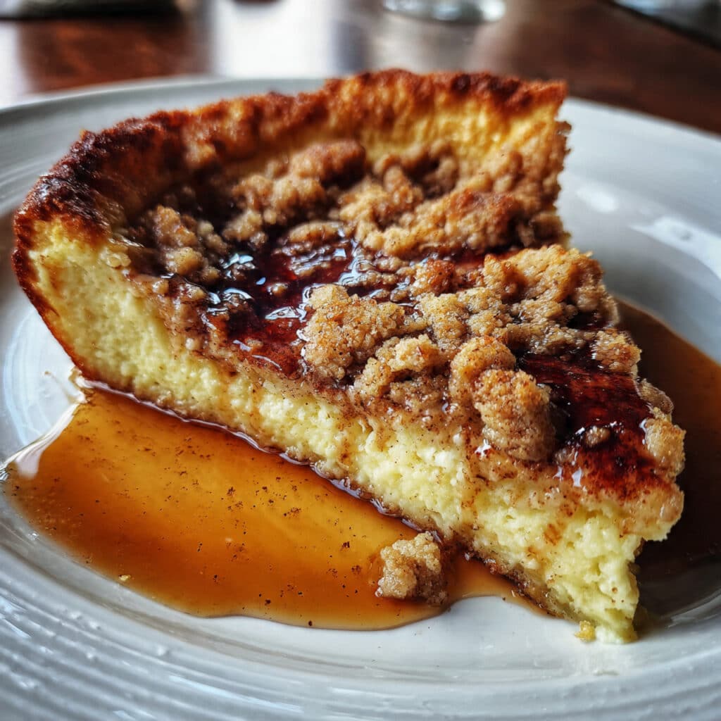 A golden, puffy cinnamon sugar Dutch baby fresh from the oven in a cast iron skillet, topped with buttery crumble and drizzled with white glaze, served with fresh berries