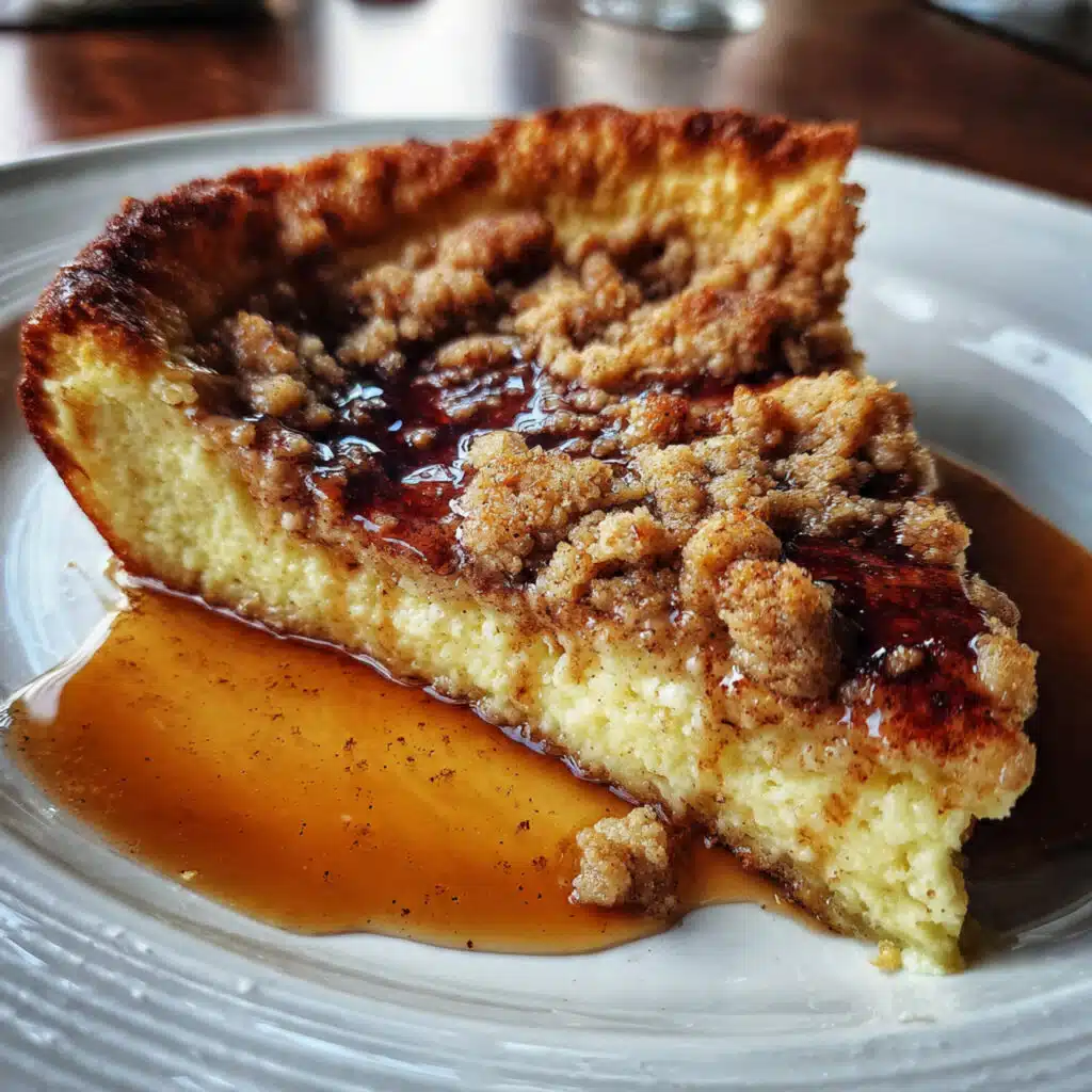 A golden, puffy cinnamon sugar Dutch baby fresh from the oven in a cast iron skillet, topped with buttery crumble and drizzled with white glaze, served with fresh berries