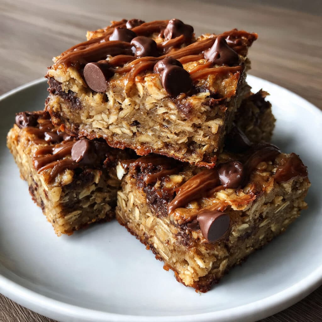 Golden brown banana oatmeal bars cut into squares on parchment paper, studded with melted chocolate chips