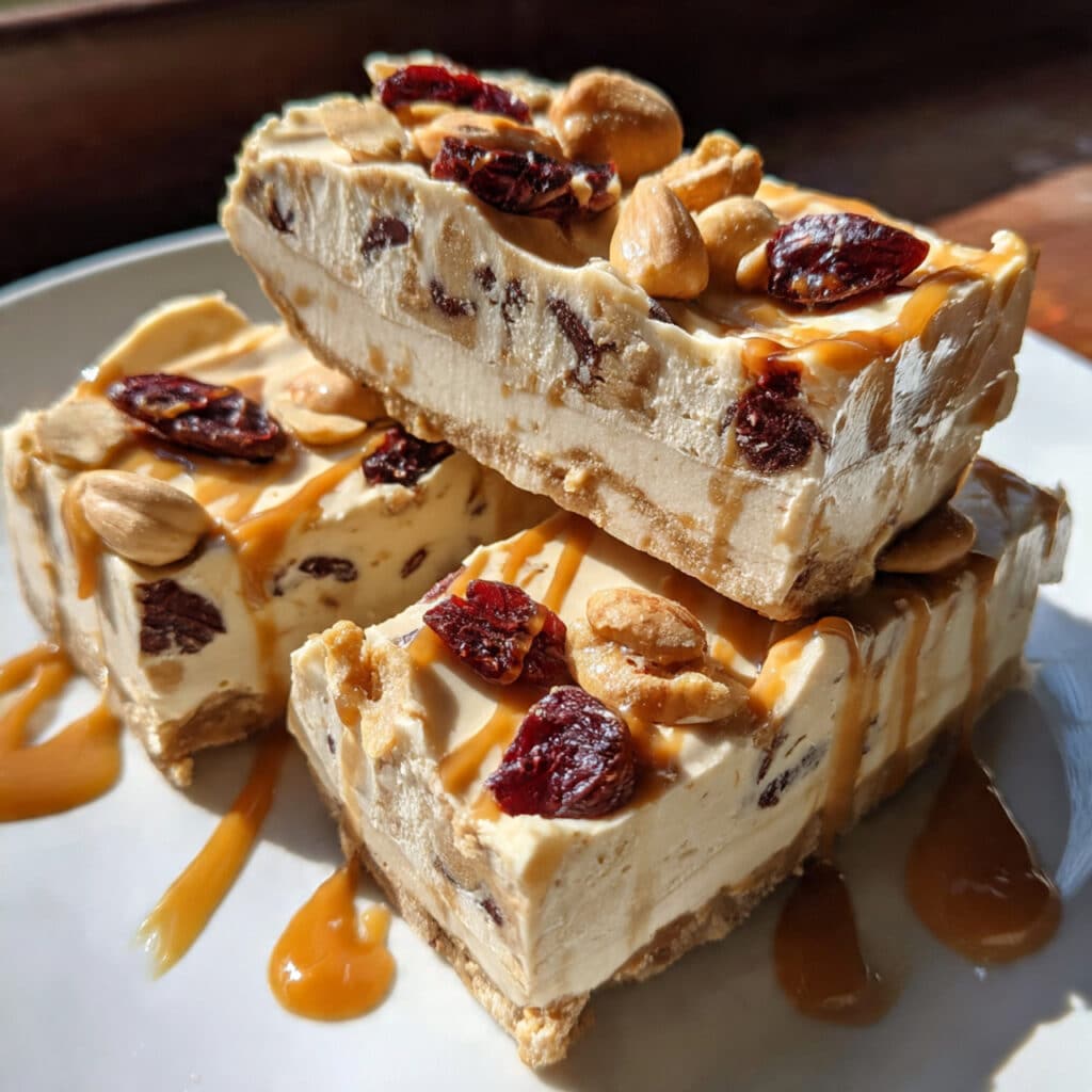 Creamy peanut butter frozen yogurt bars with chocolate peanut butter cup pieces, sliced and ready to serve on parchment paper