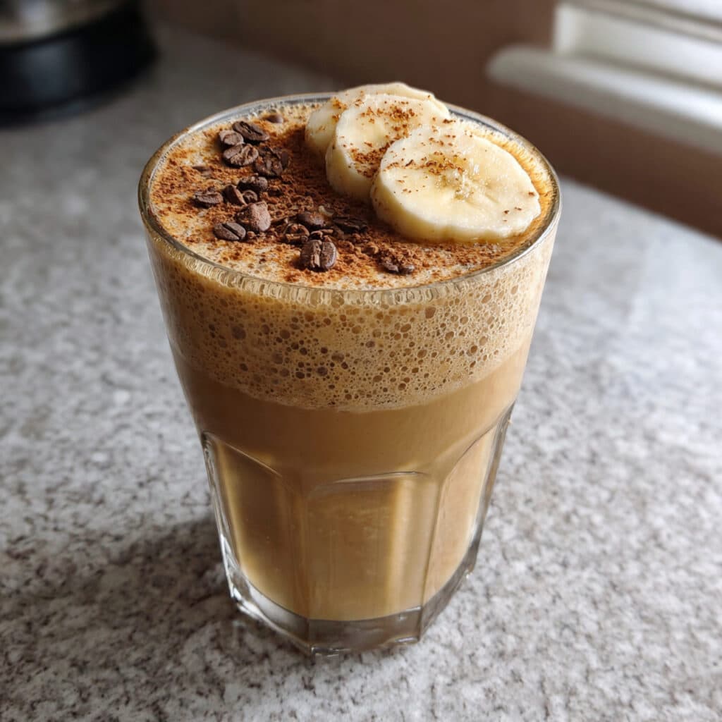 Creamy banana peanut butter coffee smoothie in a tall glass with a striped straw, topped with cacao nibs