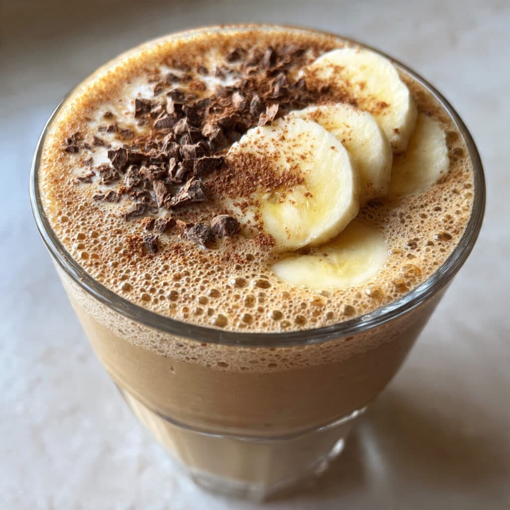 Creamy banana peanut butter coffee smoothie in a tall glass with a striped straw, topped with cacao nibs