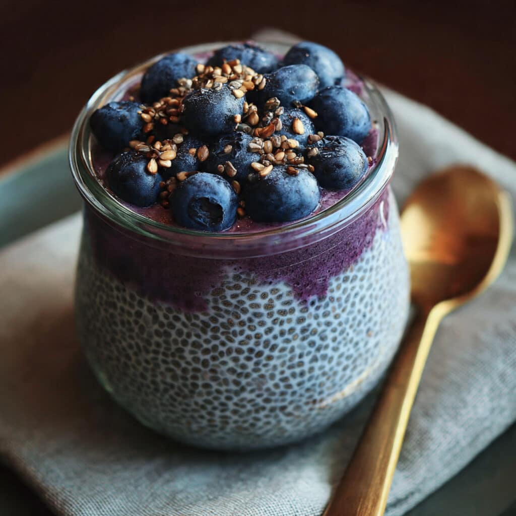 A glass jar filled with creamy purple blueberry chia pudding topped with fresh blueberries, sliced strawberries, and a sprinkle of granola.