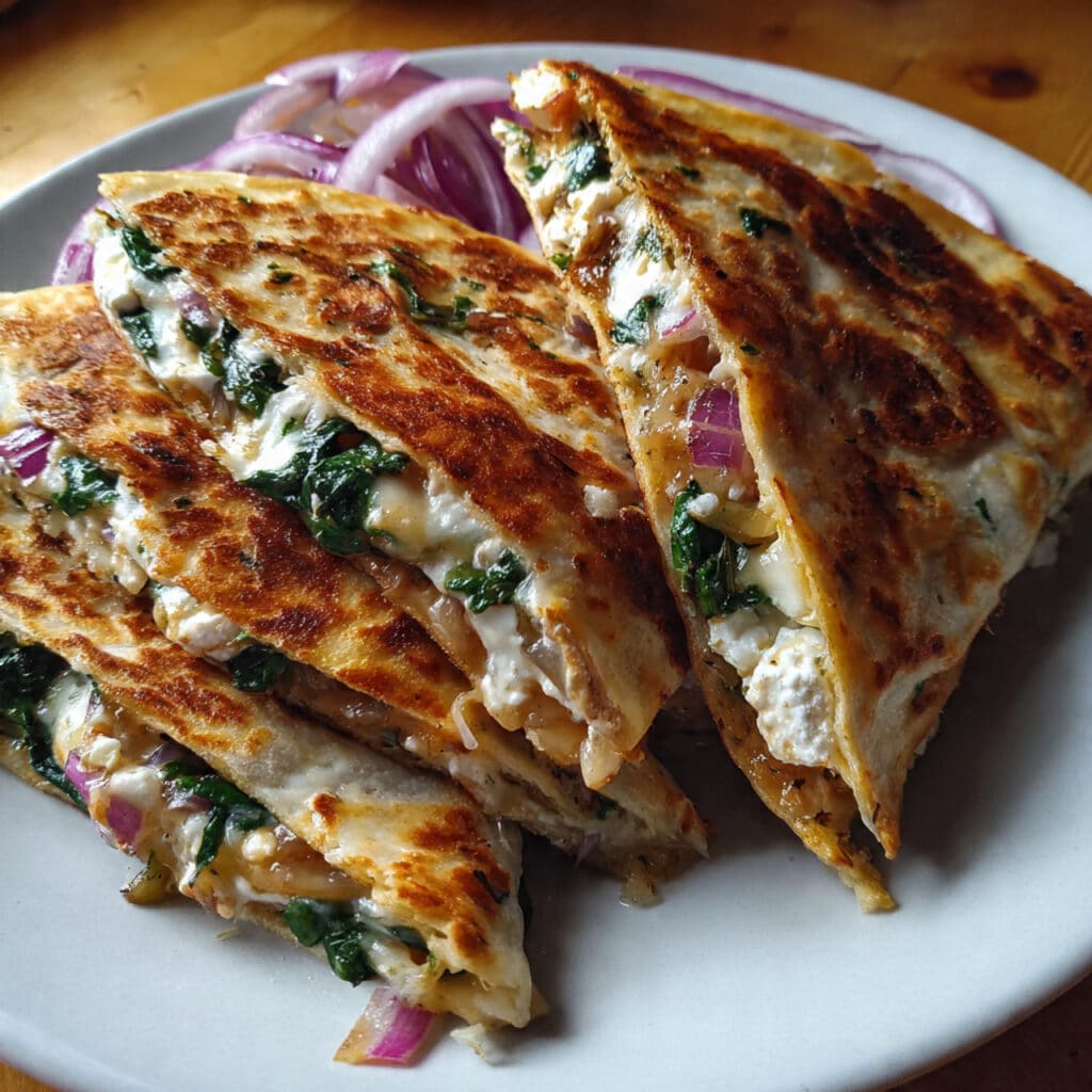 Golden-brown Mediterranean quesadillas filled with melted cheese, spinach, feta, and red onion, sliced into wedges on a white plate