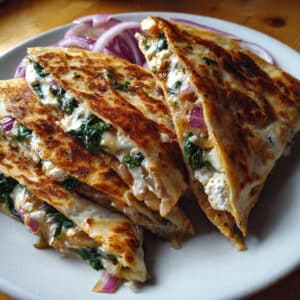 Golden-brown Mediterranean quesadillas filled with melted cheese, spinach, feta, and red onion, sliced into wedges on a white plate