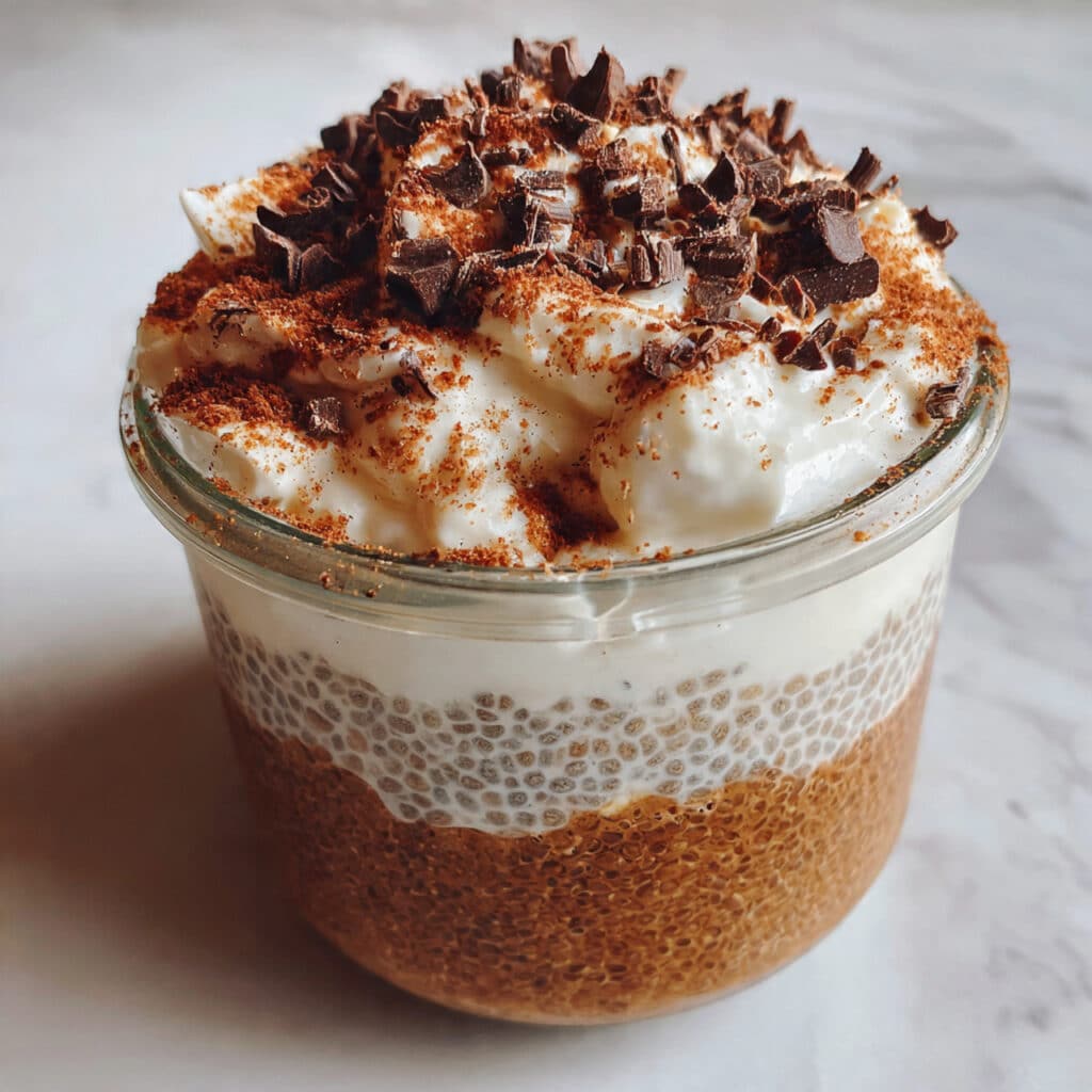 Tiramisu chia pudding layered in a clear glass jar with Greek yogurt and dusted with cocoa powder on top