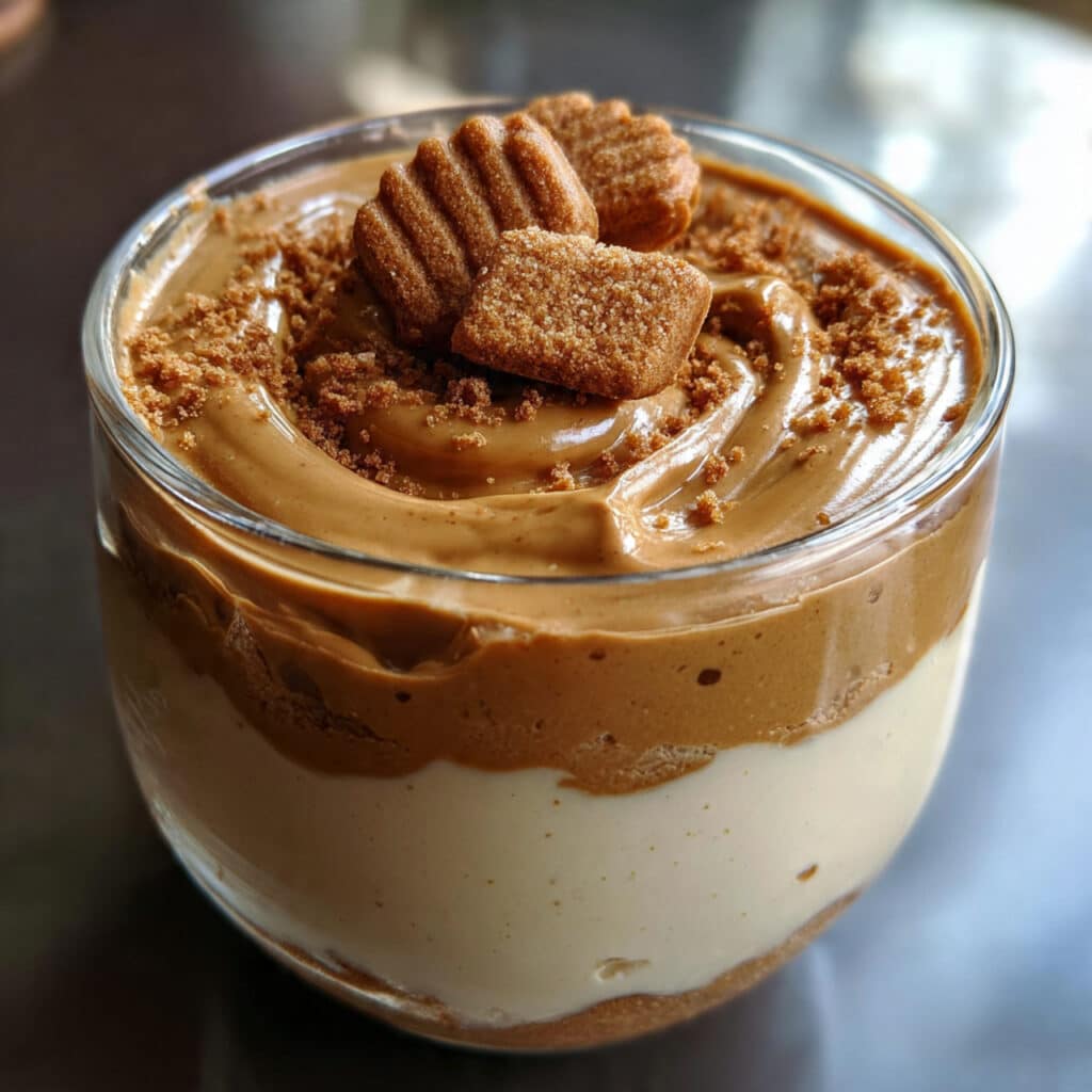 Creamy Biscoff pudding served in a clear glass with a silky swirl top and a spoon lifting thick caramel-colored pudding with bold Biscoff pudding text overlay