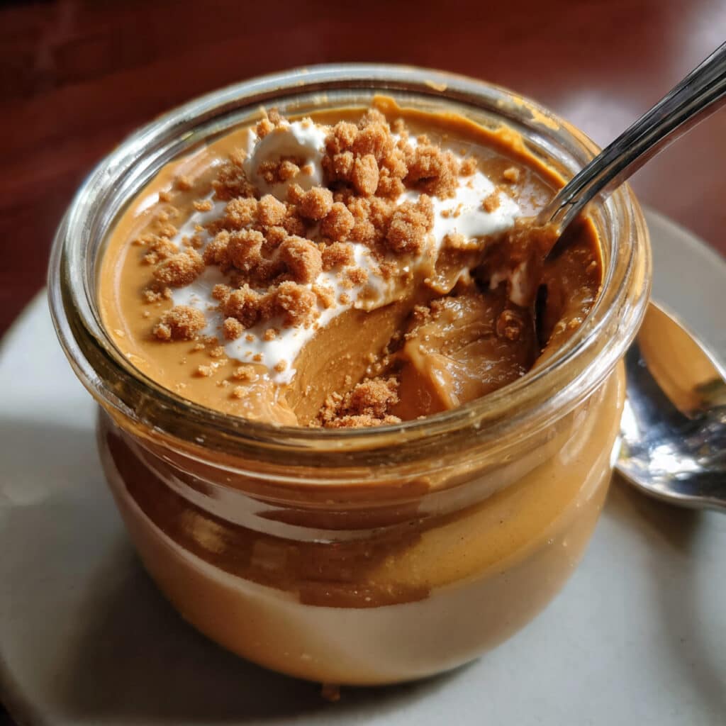 Creamy Biscoff pudding served in a clear glass with a silky swirl top and a spoon lifting thick caramel-colored pudding with bold Biscoff pudding text overlay