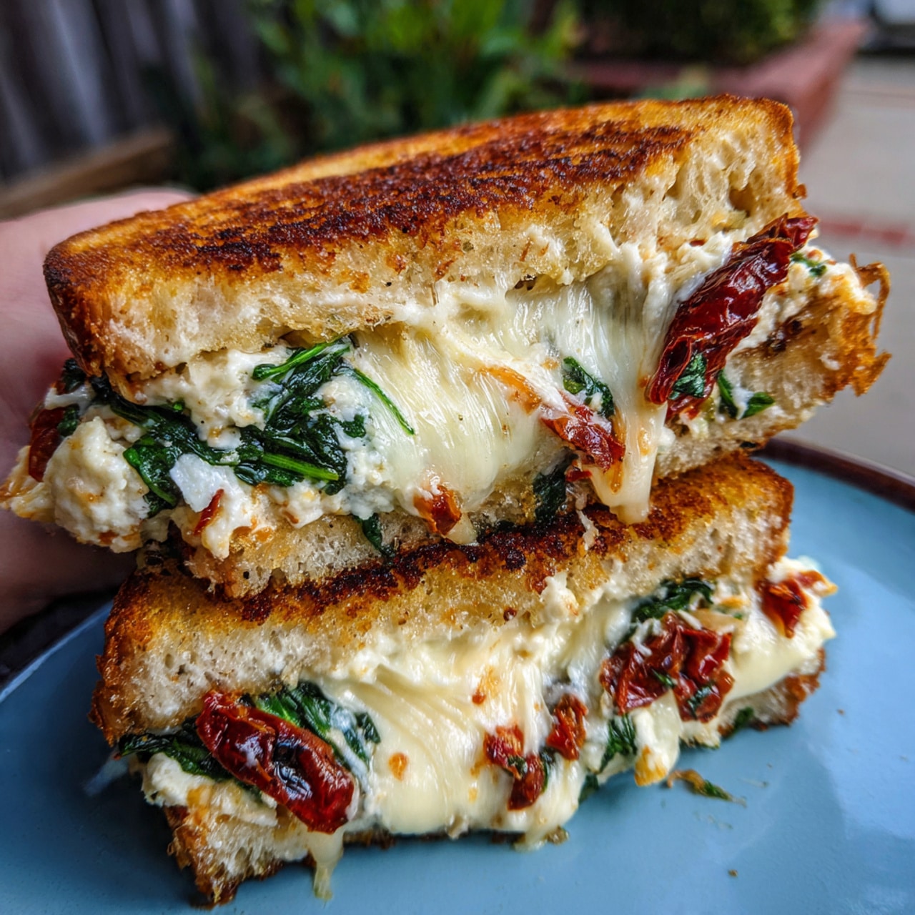 Sun Dried Tomato Spinach and Ricotta Grilled Cheese is comfort food elevated! Creamy ricotta, sweet sun-dried tomatoes, fresh spinach, and melty mozzarella on buttery, crispy bread. Ready in just 15 minutes