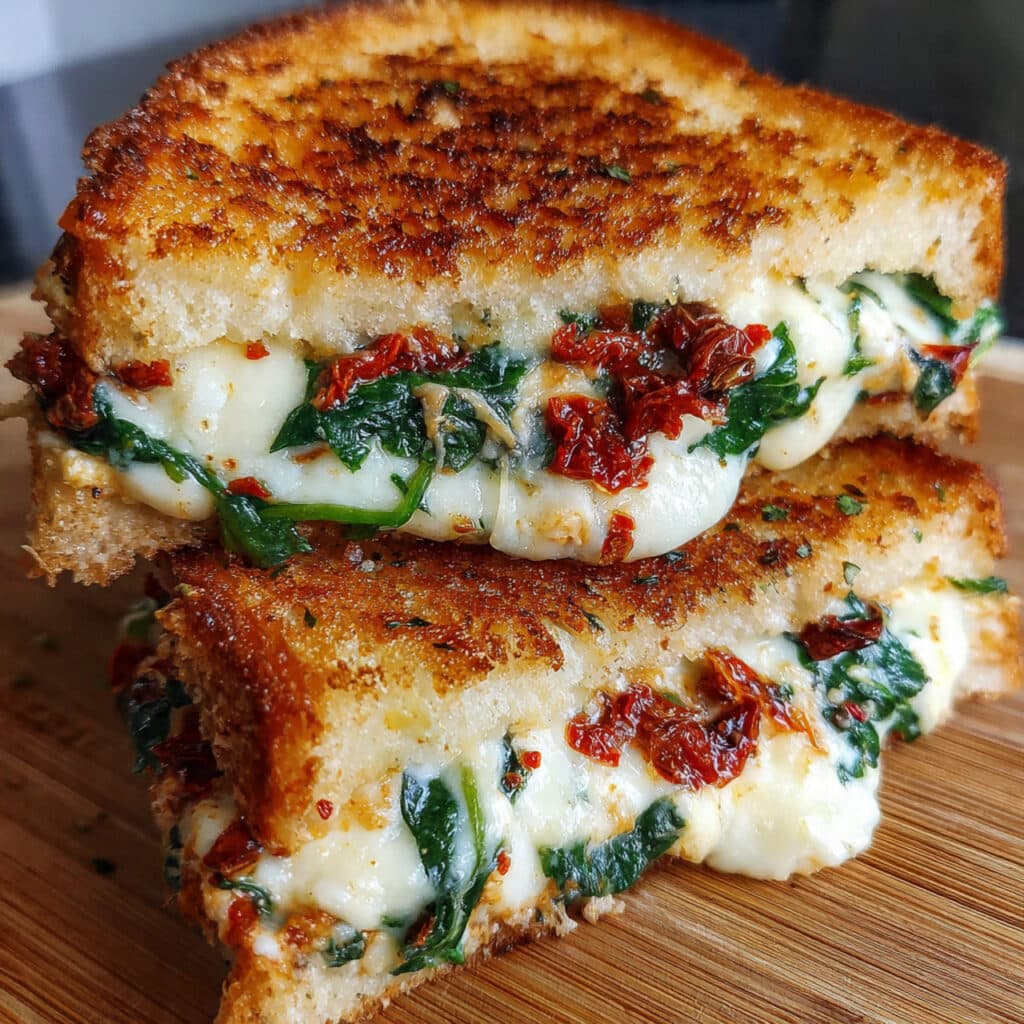 Sun Dried Tomato Spinach and Ricotta Grilled Cheese is comfort food elevated! Creamy ricotta, sweet sun-dried tomatoes, fresh spinach, and melty mozzarella on buttery, crispy bread. Ready in just 15 minutes