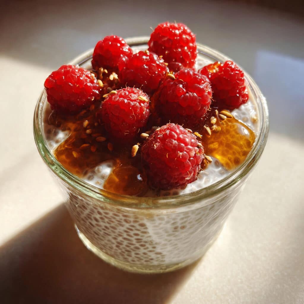 Creamy coconut chia pudding topped with fresh fruit and toasted coconut in a glass jar