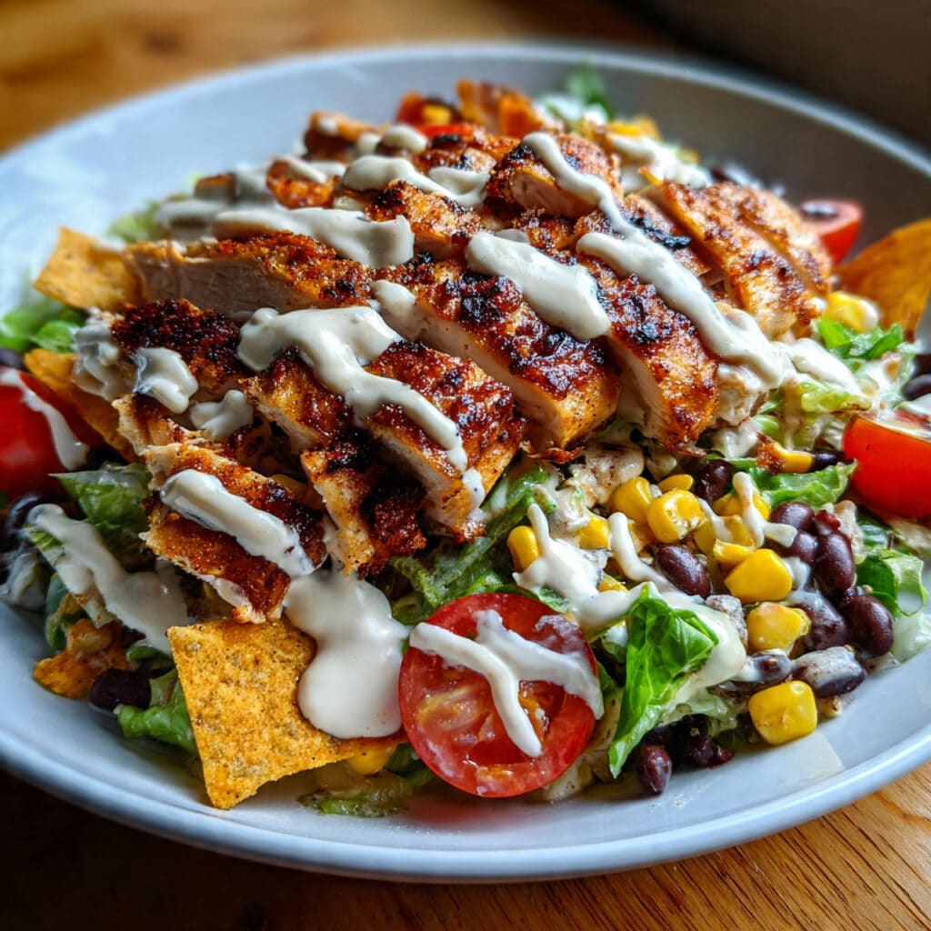 BBQ chicken salad on a white plate loaded with grilled chicken, black beans, corn, tomatoes, red onion, and tortilla chips with BBQ ranch dressing