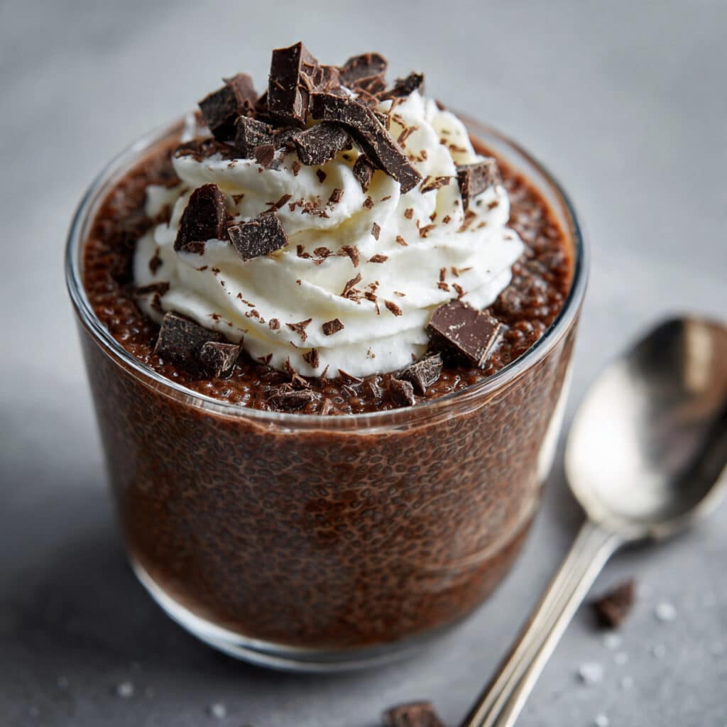 Creamy chocolate chia pudding in a glass jar topped with fresh berries, sliced banana, and shaved chocolate on a light wooden table
