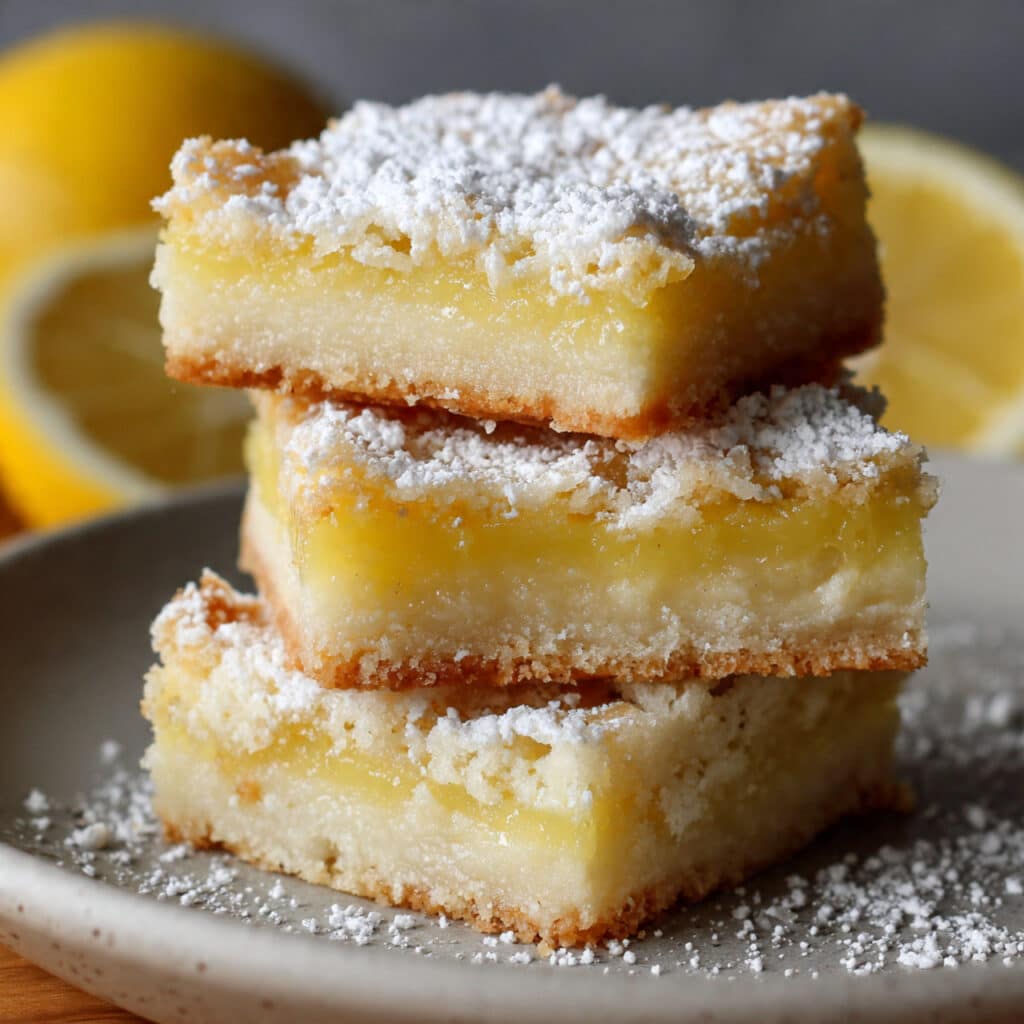 Golden lemon bars dusted with powdered sugar, cut into neat squares and stacked on a white plate, showing buttery shortbread crust and bright yellow lemon custard filling