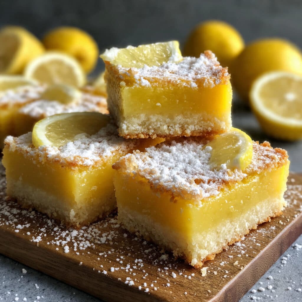 Golden lemon bars dusted with powdered sugar, cut into neat squares and stacked on a white plate, showing buttery shortbread crust and bright yellow lemon custard filling