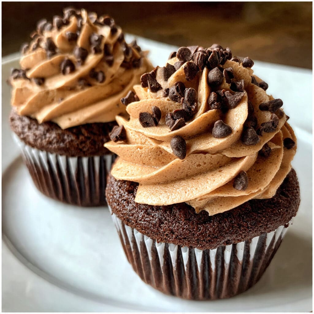 Chocolate Cookie Dough Cupcakes - rich chocolate cupcakes topped with safe-to-eat cookie dough frosting loaded with mini chocolate chips!
