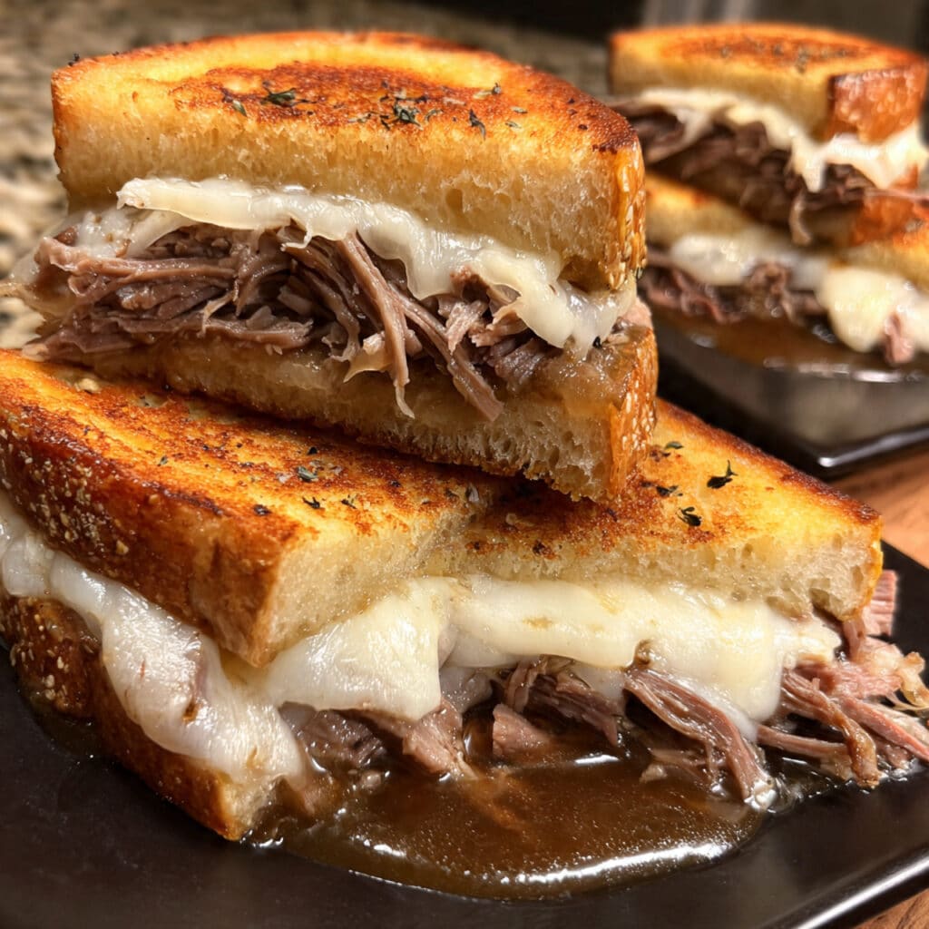 Golden grilled cheese sandwich with melted provolone and tender roast beef, served alongside a small bowl of rich beef au jus for dipping