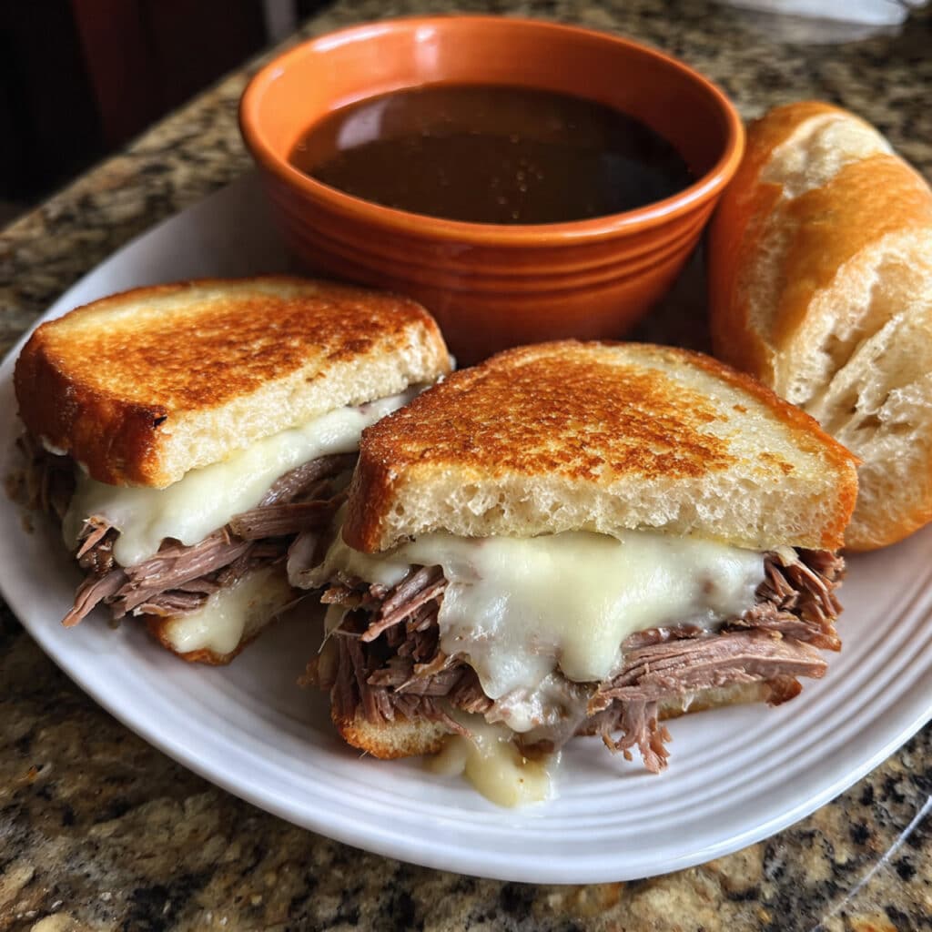 Golden grilled cheese sandwich with melted provolone and tender roast beef, served alongside a small bowl of rich beef au jus for dipping