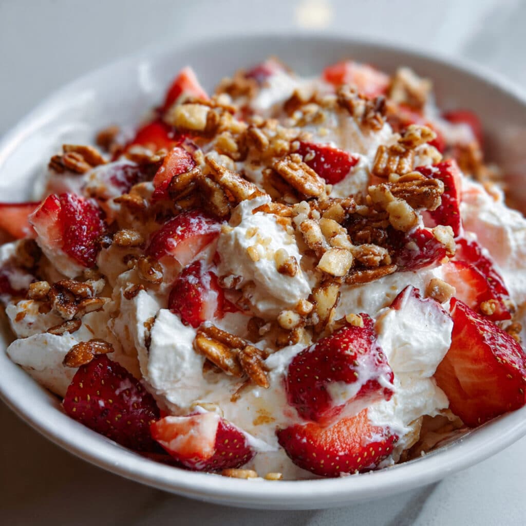 Strawberry Crackle Salad in a glass bowl showing layers of fluffy cream cheese mixture, fresh diced strawberries, and golden crunchy pretzel-pecan topping