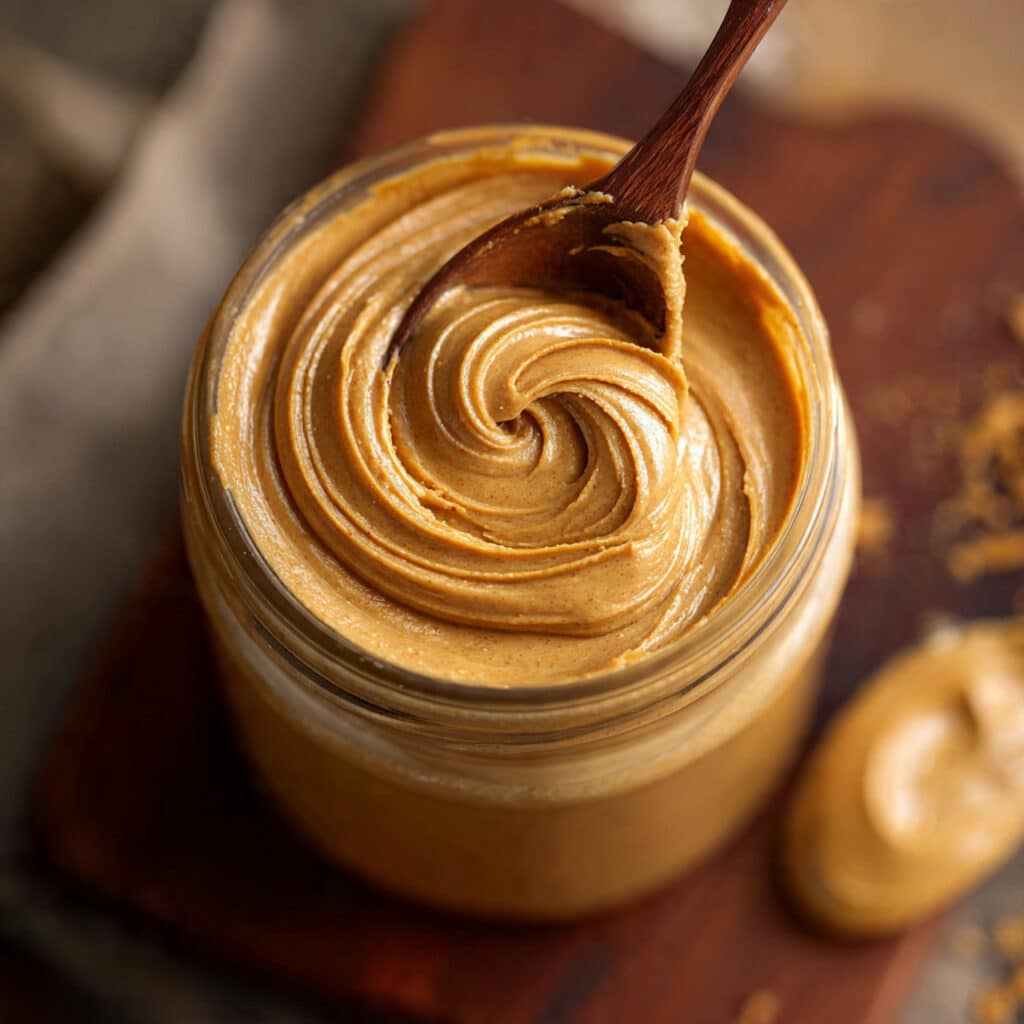 Glass jar filled with smooth homemade Biscoff cookie butter showing thick creamy texture and warm caramel brown color