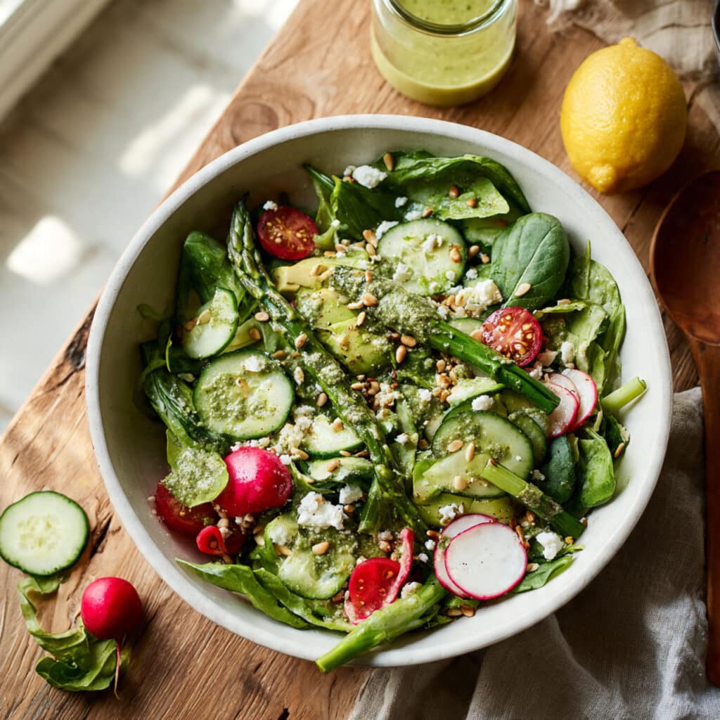 Everything Spring Green Salad with Lemon Basil Vinaigrette