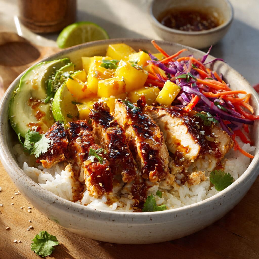 Glazed chicken mango bowl