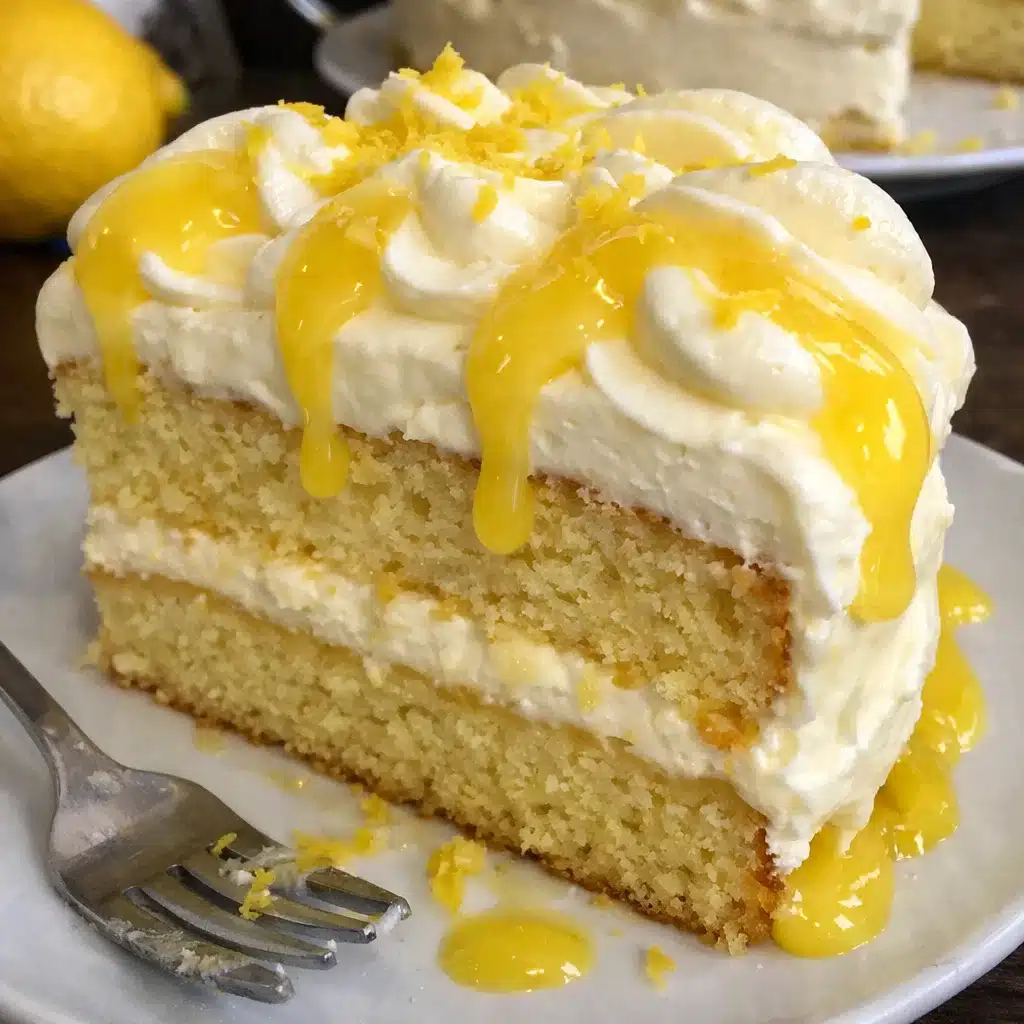 A slice of limoncello mascarpone cake on a white plate, showing moist yellow cake topped with fluffy white mascarpone frosting swirled with golden lemon curd