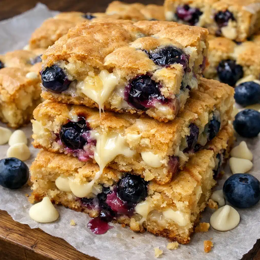 white chocolate blueberry blondies on a white plate showing soft chewy texture with fresh blueberries and white chocolate throughou