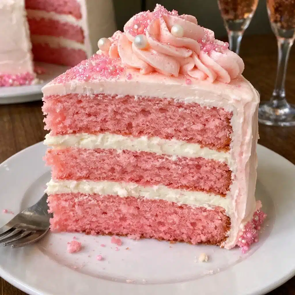 pink champagne cake with pale pink Swiss meringue buttercream frosting, decorated with edible sparkles and sugar roses on a white cake stand