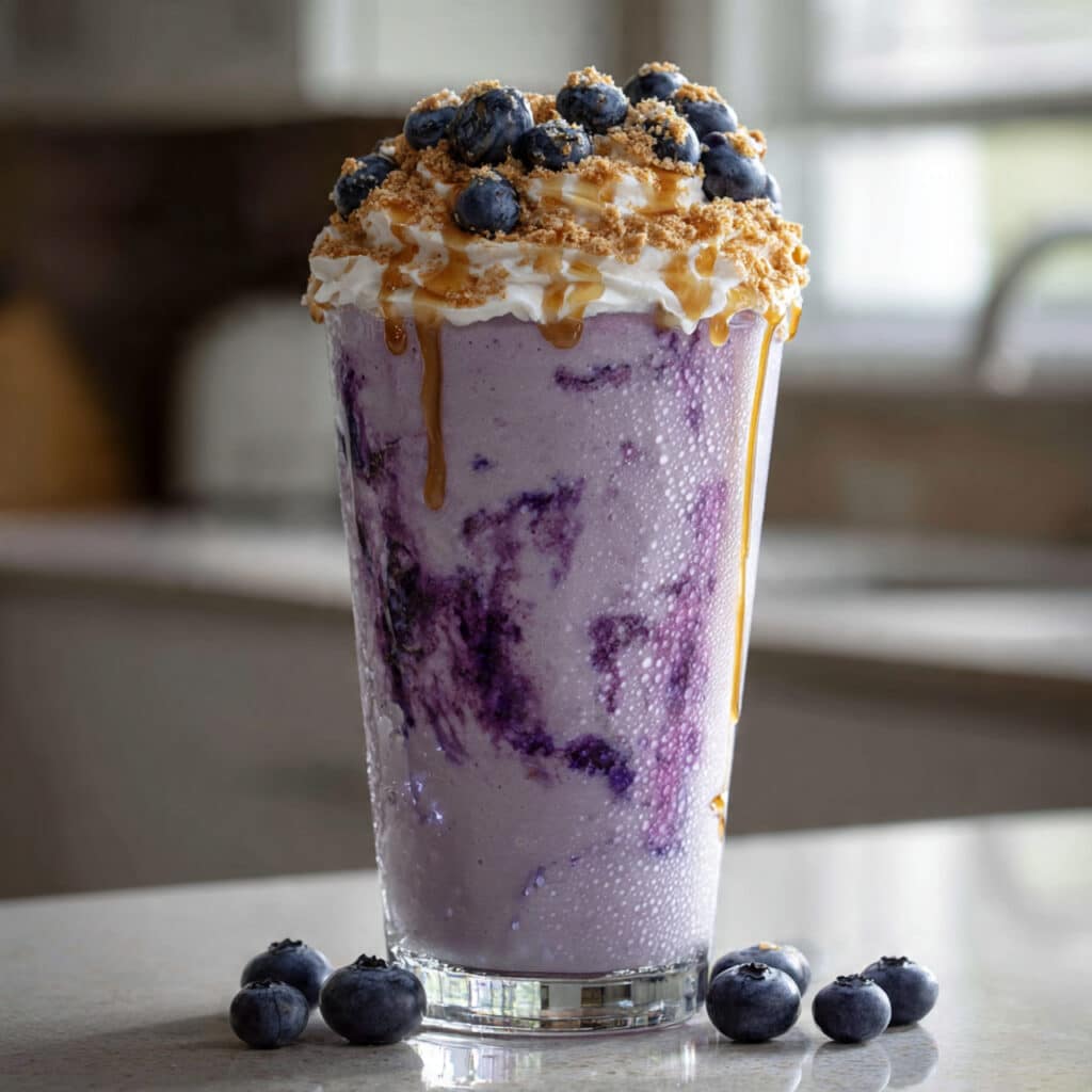 homemade Blueberry Cheesecake Smoothie A tall clear glass is filled with a pale purple smoothie with a rich, velvety consistency. Swirls of deeper blueberry purple are visible throughout, creating a marbled effect. A thick layer of creamy whipped topping sits on top, lightly dusted with crushed graham crackers to mimic cheesecake crust. Fresh blueberries are piled on top, some slightly glossy and bursting. A drizzle of honey or blueberry syrup runs slightly down the inside of the glass for added texture and sweetness. Condensation droplets form on the outside of the glass, giving a chilled, freshly blended feel. Soft natural window light from the side highlights the creamy texture and vibrant blueberry tones. Shot from a slightly overhead angle. Background softly blurred kitchen setting with subtle countertop details. The top portion of the image intentionally left with clean negative space for Pinterest text overlay. Blueberry Cheesecake Smoothie